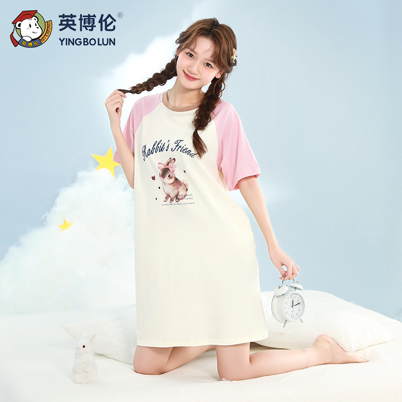 11898328.英博伦少女睡裙纯棉夏款女大童甜美家居裙女夏季短袖睡衣