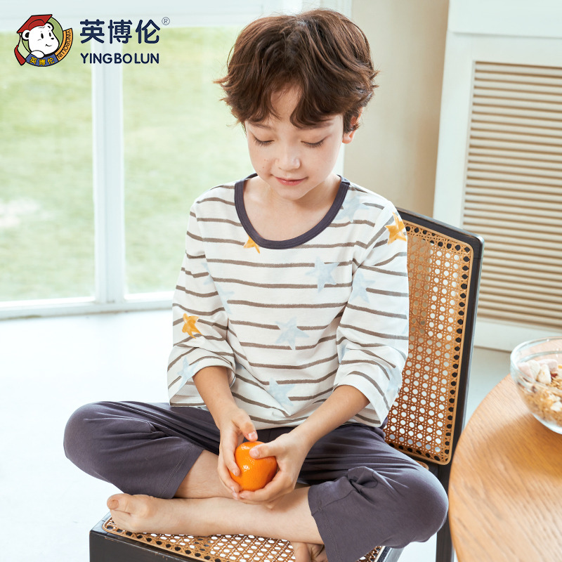 11898323.英博伦夏季男童家居服套装儿童薄款睡衣七分袖男孩空调服