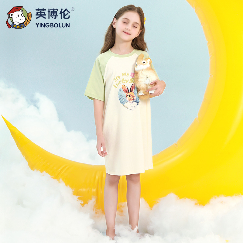 11898340.英博伦女童睡裙夏季新款女孩短袖睡衣纯棉夏天薄款儿童家居服