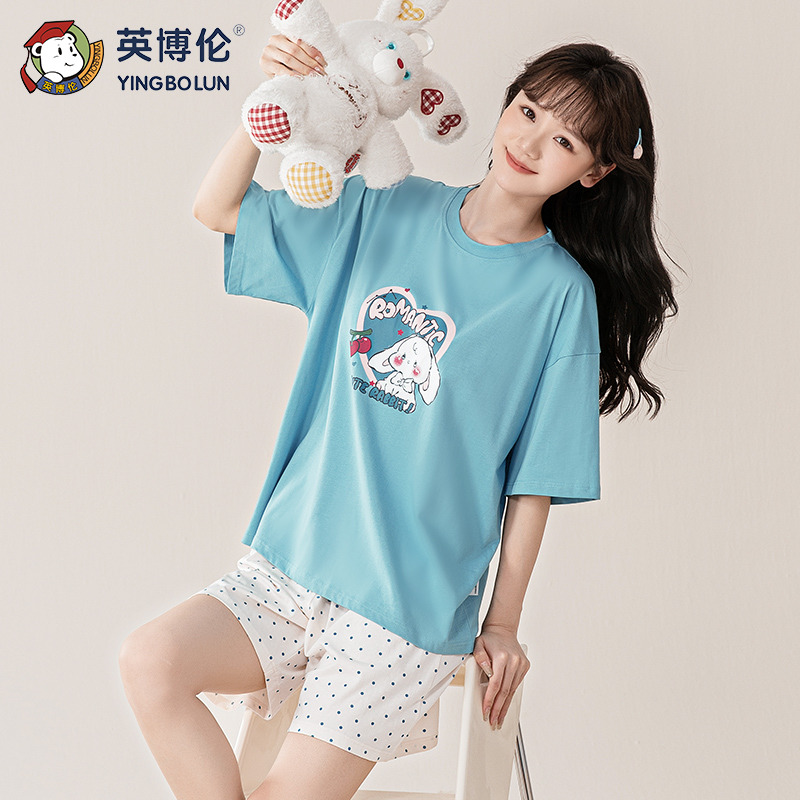 11898301.英博伦新款少女睡衣夏季纯棉薄款女大童短袖套装初学生家居服