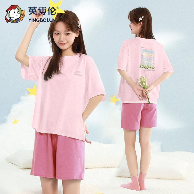 11898307.英博伦少女睡衣夏季纯棉薄款女大童短袖套装家居服