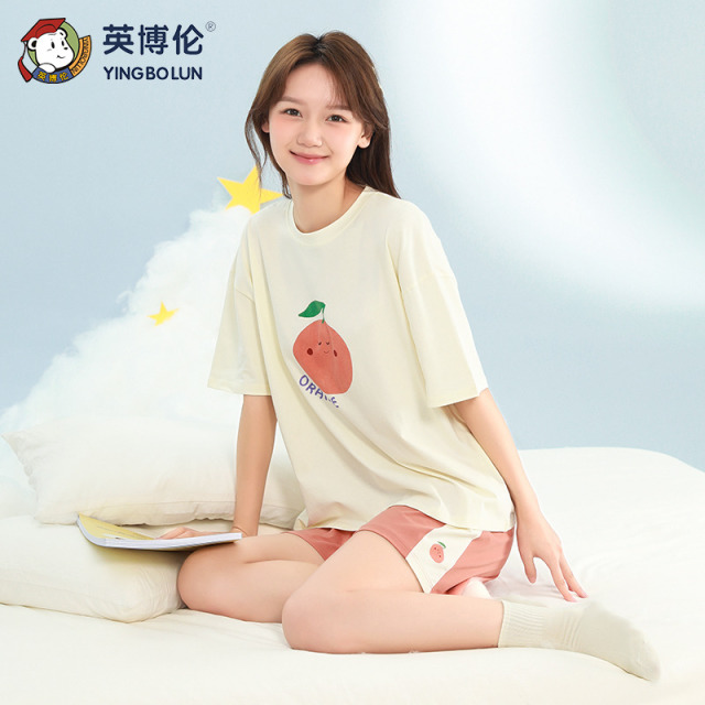 13088713.英博伦新款少女睡衣夏季纯棉薄款女大童短袖套装学生春秋款家居服