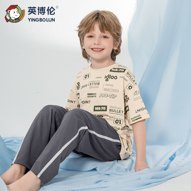 13089237.英博伦新款男童睡衣夏季薄款中大童男孩短袖九分裤儿童家居服套装