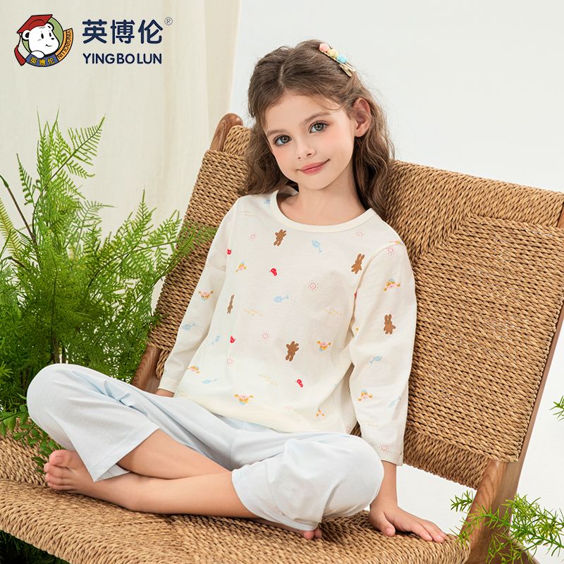 13089906.英博伦夏季薄款女童家居服莱赛尔儿童七分袖七分裤睡衣女孩空调服