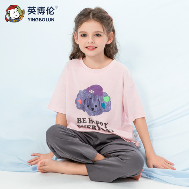13089397.英博伦女童睡衣夏季薄款莱赛尔大童女孩短袖九分裤儿童家居服套装