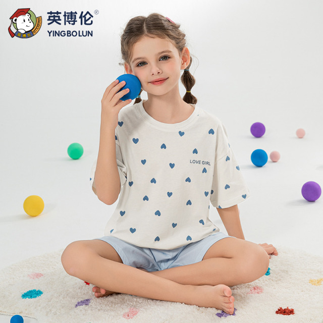 13088502.英博伦女童睡衣春夏薄款纯棉儿童家居服小女孩夏季全棉短袖短裤套装