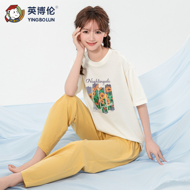13089498.英博伦少女家居服夏季薄款女大童短袖九分裤初高中生空调睡衣套装