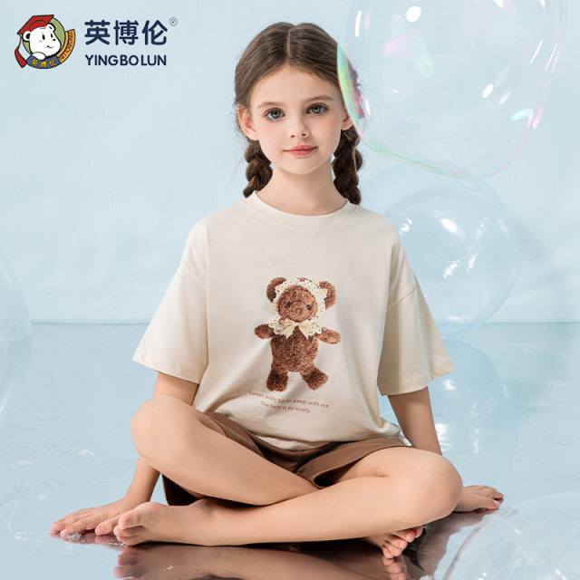 13090141.英博伦新款夏季儿童睡衣女童纯棉a类小女孩短袖短裤滑爽全棉套装