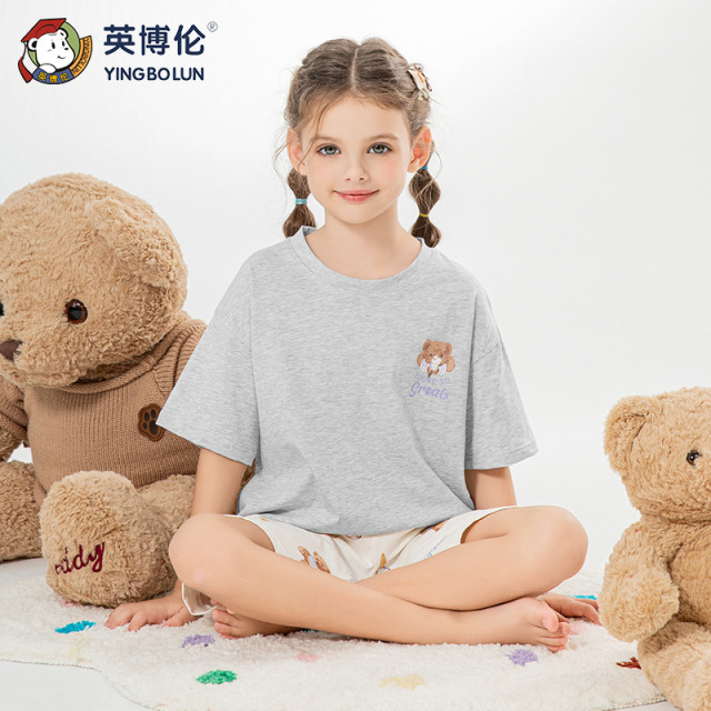 13088432.英博伦女童睡衣套装儿童家居服春夏款中大童女孩简约短袖T恤短裤