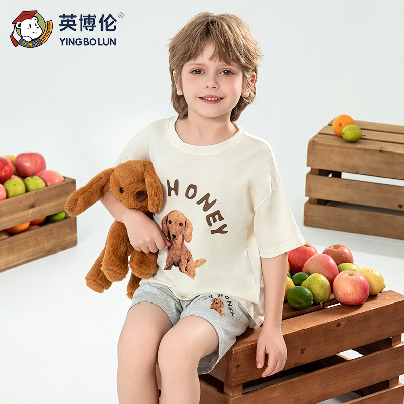 13088020.英博伦新款男童短袖短裤夏季纯棉儿童家居服中大童小男孩套装