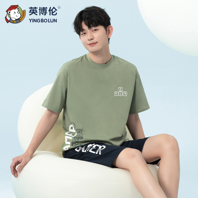 13093143.【滑爽纯棉系列】英博伦新款青少年睡衣纯棉夏季男大童薄款短袖短裤套装