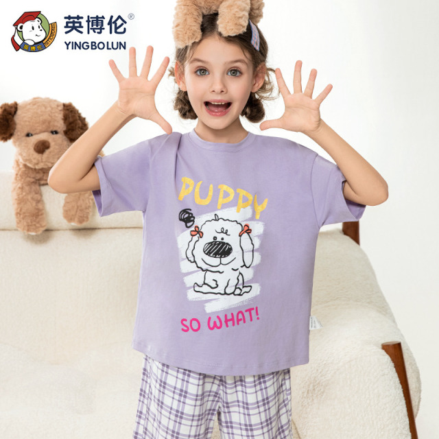 13091172.英博伦新款女童睡衣滑爽纯棉短袖短裤夏季款薄款全棉a类女孩套装