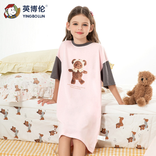 13091217.英博伦新款女童睡裙夏季纯棉儿童家居服女孩a类全棉短袖长裙