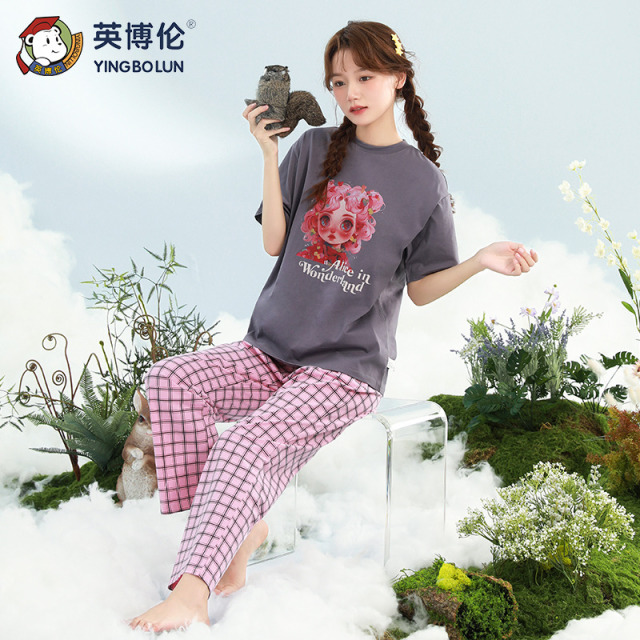 13095981.英博伦女大童睡衣短袖九分裤套装夏季新款少女冰感抗菌女孩家居服