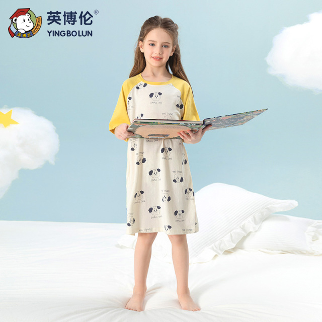 13097293.英博伦新款女童睡裙夏季新款女孩短袖睡衣纯棉夏天薄款儿童家居服