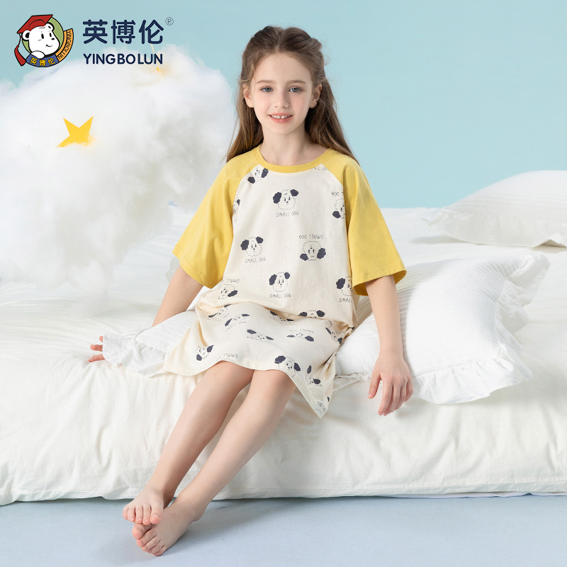 13097293.英博伦新款女童睡裙夏季新款女孩短袖睡衣纯棉夏天薄款儿童家居服