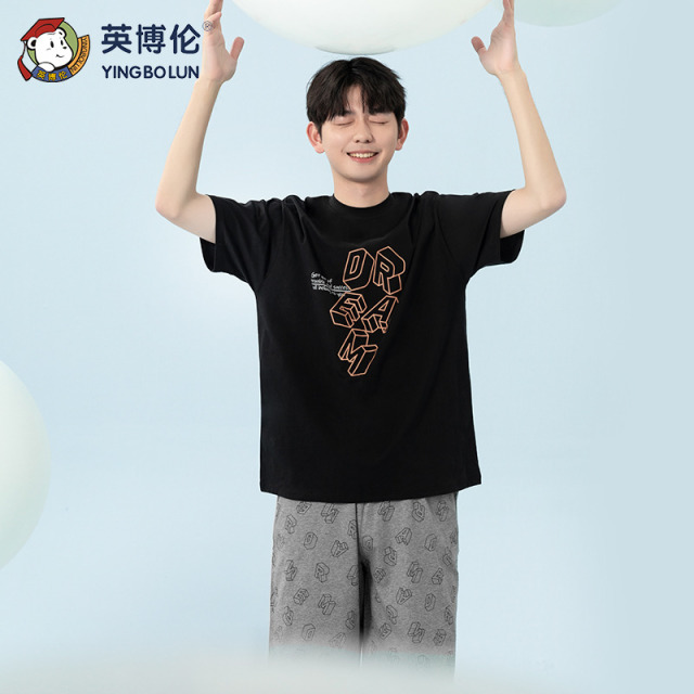 13094045.【滑爽纯棉系列】英博伦青少年睡衣纯棉薄款男大童凉感短袖短裤套装简约宽松家居服