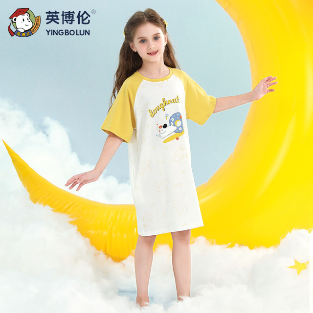 11898340.英博伦女童睡裙夏季新款女孩短袖睡衣纯棉夏天薄款儿童家居服