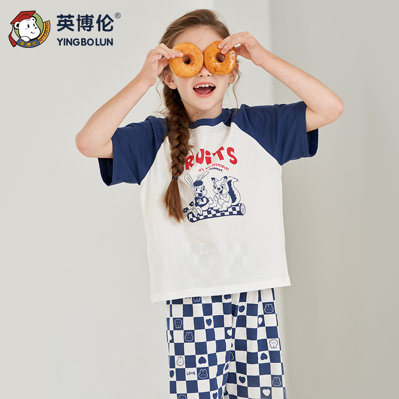 13201854.英博伦夏季女童薄款短袖家居套装女孩全棉短袖睡衣舒适透气不闷汗