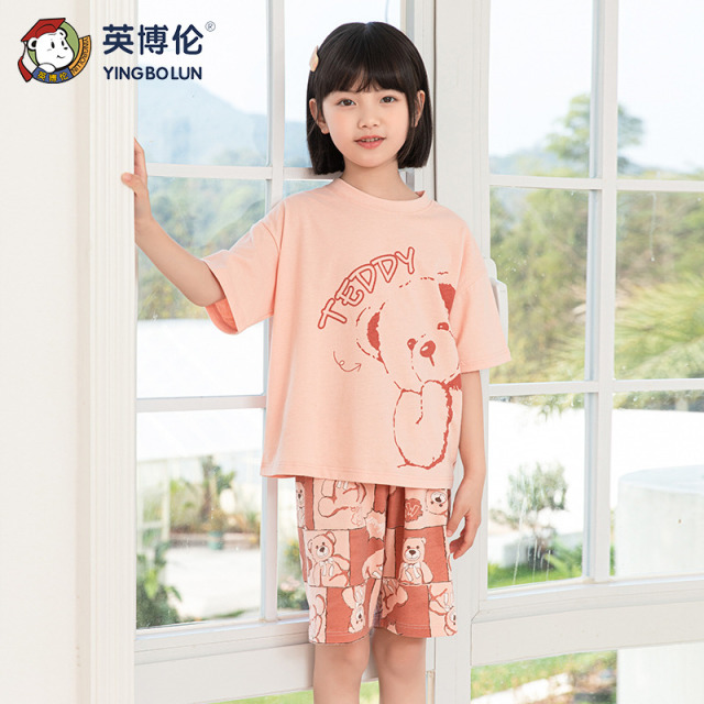 13293266.英博伦夏季新款纯棉女大童睡衣少女薄款外出家居服短袖套装空调服