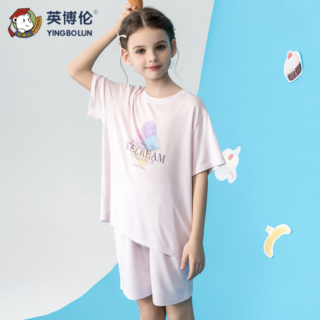 13522932.英博伦2026夏季莫代尔女童家居服儿童睡衣女中童短袖套装