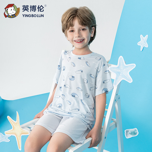13522585.英博伦新款男童莫代尔家居服儿童短袖套装中大童夏季睡衣薄