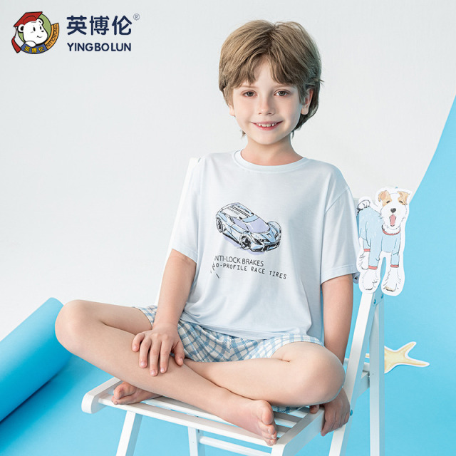 13522632.英博伦男童莫代尔家居服男孩短袖套装中大童夏季睡衣薄