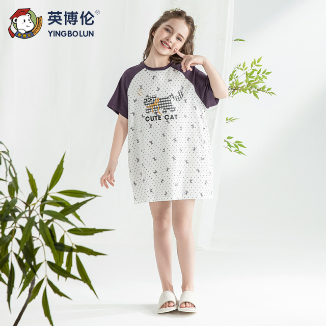 13526290.英博伦夏季莱赛尔女童童睡裙女孩短袖薄款连衣裙家居服