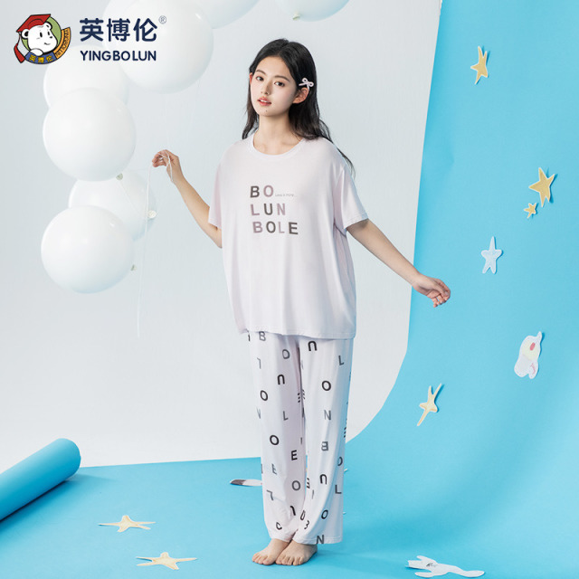 13525693.英博伦夏季薄款少女莫代尔家居服女大童短袖长裤睡衣两件套