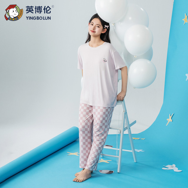 13525724.英博伦2026夏季薄款少女莫代尔家居服女童短袖长裤两件套宽松可外穿