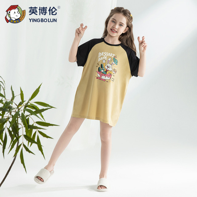 13526107.英博伦儿童睡裙女童短袖薄款夏季莱赛尔棉睡衣中大童家居服连衣裙