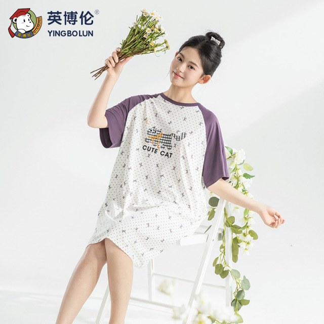 13526437.英博伦夏季莱赛尔少女夏季睡裙大童薄款短袖家居服连衣裙睡衣