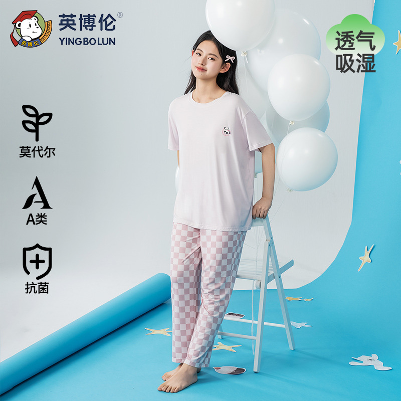 13525724.英博伦2026夏季薄款少女莫代尔家居服女童短袖长裤两件套宽松可外穿
