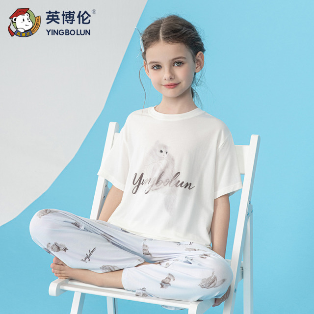 13525388.英博伦夏季新款女童夏季莫代尔家居服儿童睡衣套装短袖长裤薄