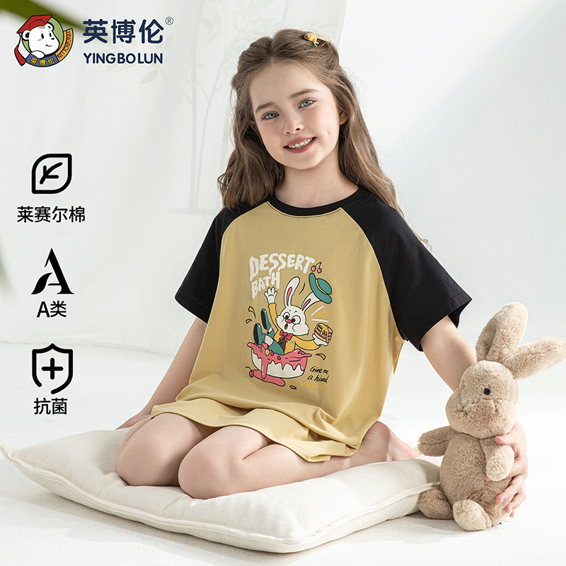 13526107.英博伦儿童睡裙女童短袖薄款夏季莱赛尔棉睡衣中大童家居服连衣裙