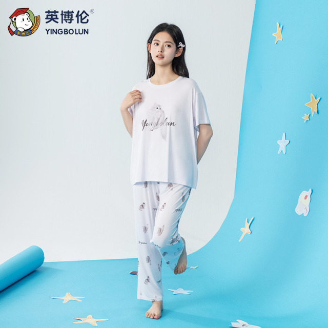 13525623.英博伦夏季薄款少女莫代尔睡衣女童短袖长裤两件套宽松可外穿