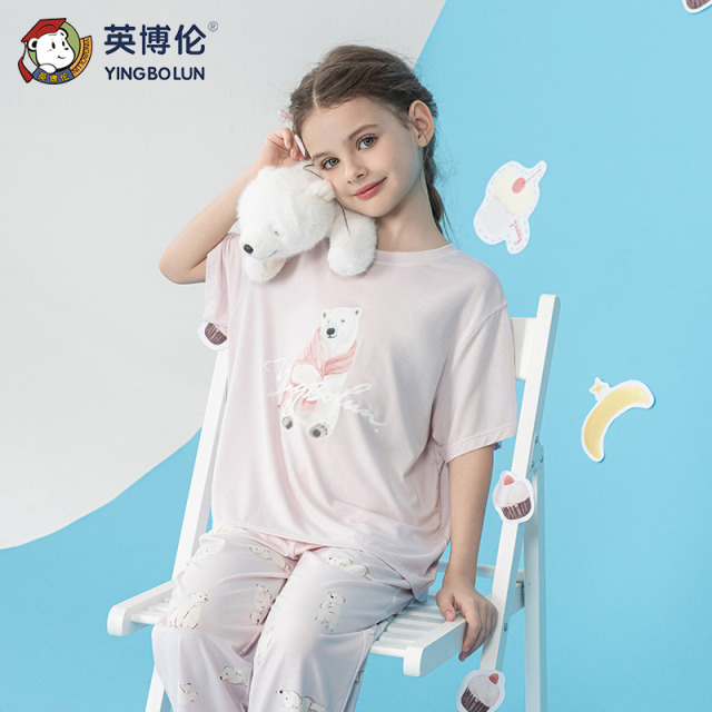 13525358.英博伦2026女童夏季莫代尔家居服儿童睡衣套装短袖长裤薄