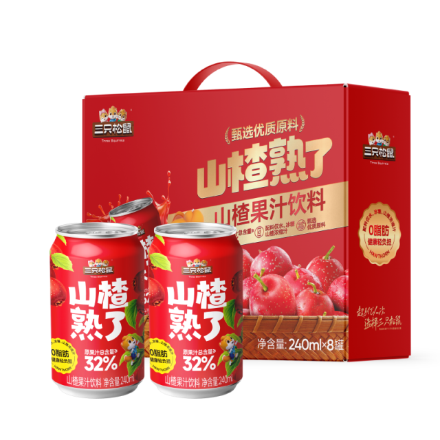 12700928.【0脂肪,轻负担,低至99元四提32罐】三只松鼠山楂熟了山楂果汁饮料240ml*8罐
