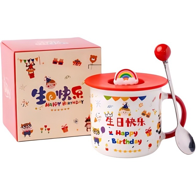 12725662.OFFICE NOKI 马克杯 生日快乐马克杯 生日宴陶瓷可爱水杯 陶瓷杯带盖带勺 彩盒装加手提袋