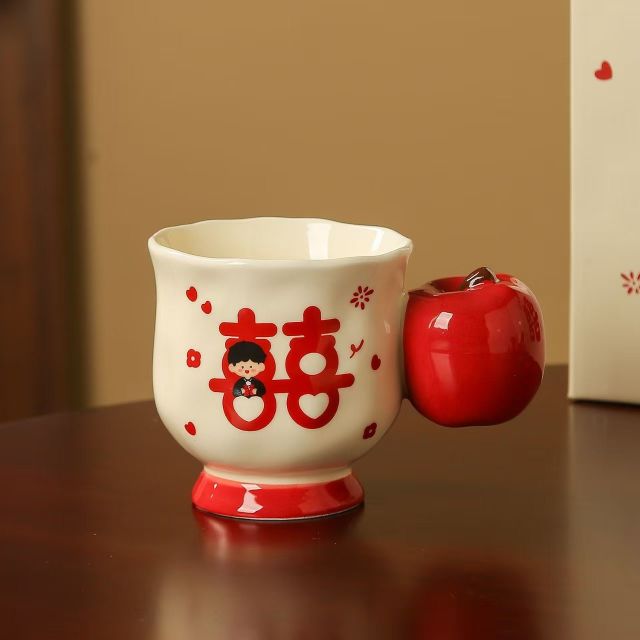 12854815.OFFICE NOKI结婚伴手礼杯子 喜字陶瓷对杯 柿子手柄高颜值婚庆礼盒装