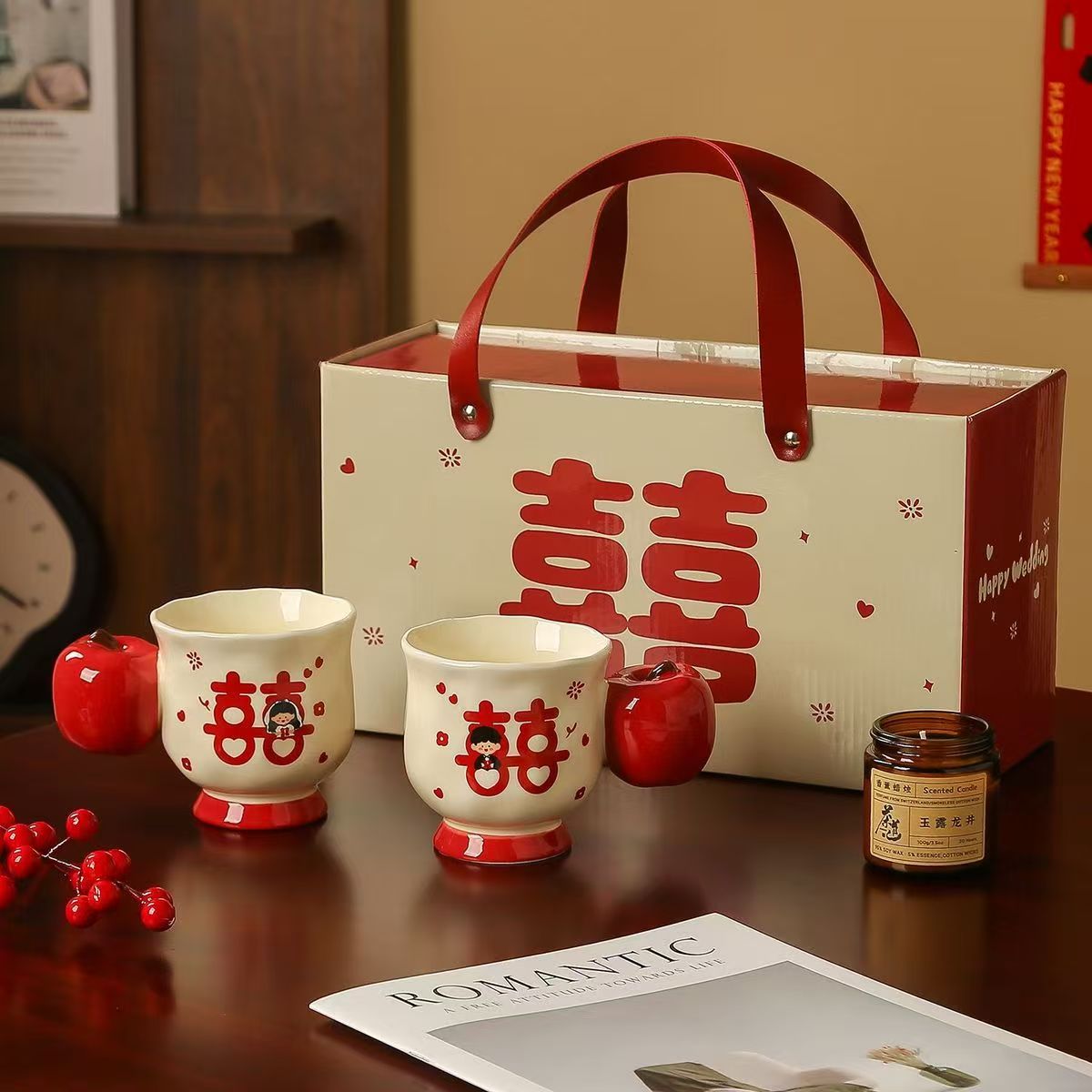 12854815.OFFICE NOKI结婚伴手礼杯子 喜字陶瓷对杯 柿子手柄高颜值婚庆礼盒装
