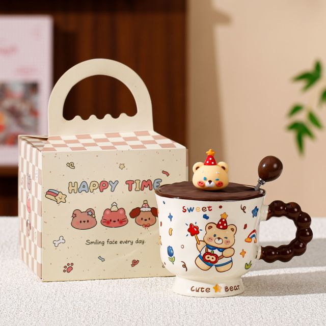 13378282.OFFICE NOKI 萌宠小熊乐园杯珠把杯卡通马克杯送女生生日礼物伴手礼品水杯情侣