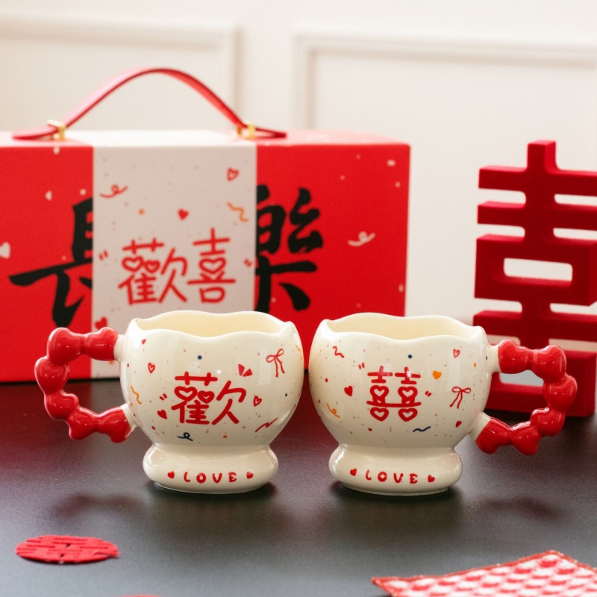 13505180.OFFICE NOKI新婚喜庆陶瓷杯创意情侣对杯高颜值欢喜马克杯套装送新娘伴手礼