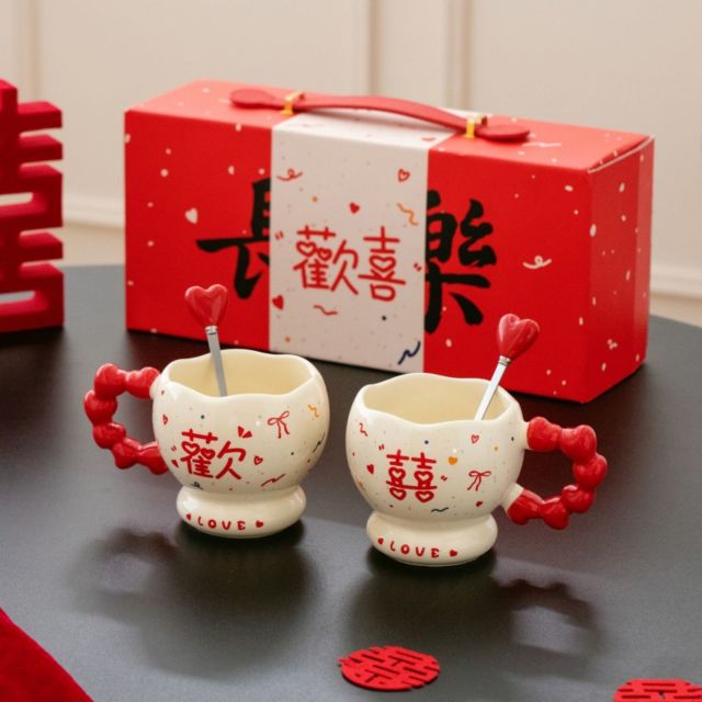 13505180.OFFICE NOKI新婚喜庆陶瓷杯创意情侣对杯高颜值欢喜马克杯套装送新娘伴手礼
