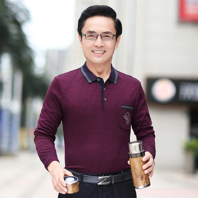 10347924.雄狮中年男士长袖t恤男装秋季薄款翻领针织体恤衫爸爸装