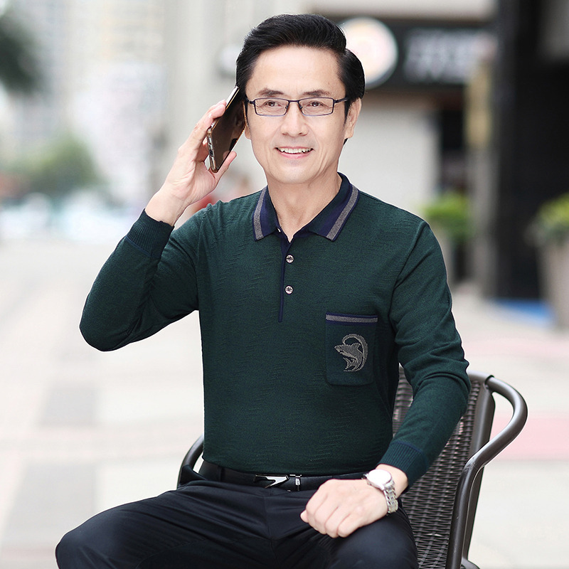 10347924.雄狮中年男士长袖t恤男装秋季薄款翻领针织体恤衫爸爸装
