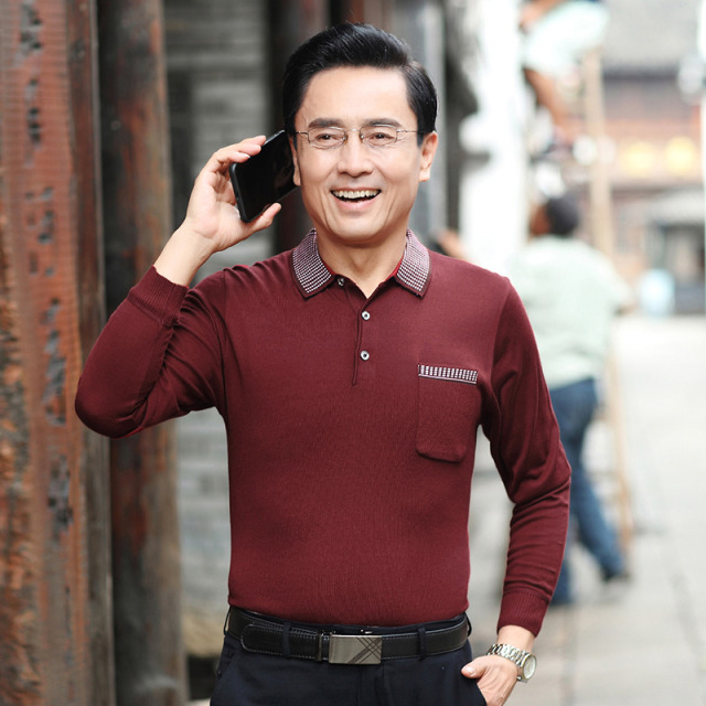 10375667.雄狮男士长袖T恤带兜针织衫宽松爸爸装翻领薄打底上衣