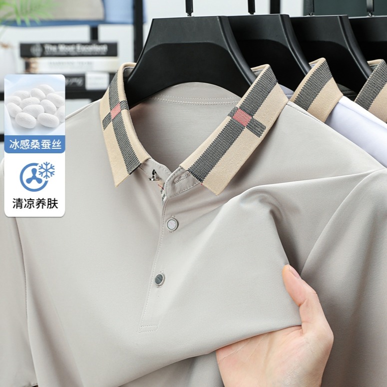 11867135.雄狮夏季新款男士短袖t恤中年翻领条纹休闲上衣Polo衫