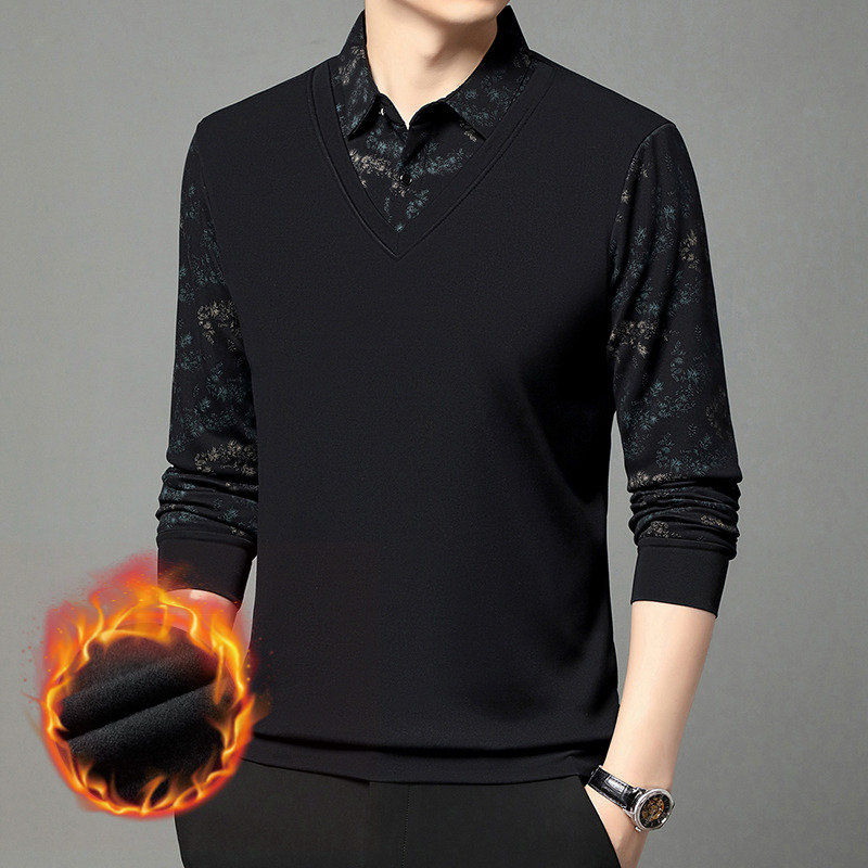 12797800.雄狮2025新款男款加绒男装冬季假两件新款爸爸衣服长袖