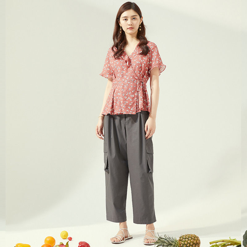13272861.夏季新品女士V领短袖收腰雪纺衬衫碎花上衣MVBL322L